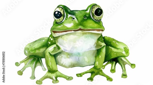 A green frog perched on hind legs, gazing sadly into the camera with large eyes