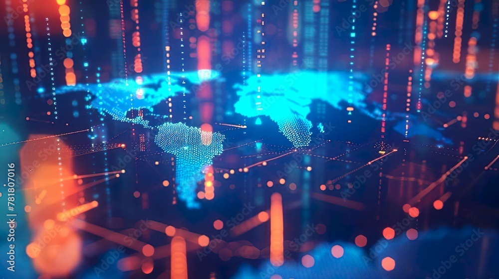 Fototapeta premium digital map of the world with glowing connections between cities, representing global connectivity and data transfer in cloud computing. 8k resolution