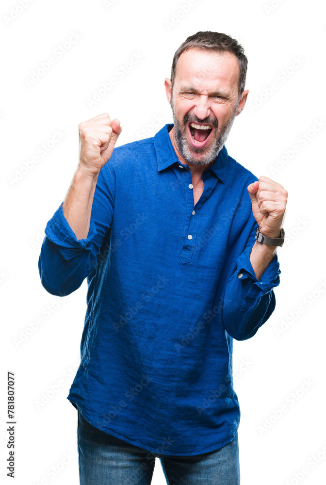 Middle age hoary senior man over isolated background very happy and excited doing winner gesture with arms raised, smiling and screaming for success. Celebration concept. Middle age hoary senior man over isolated background very happy and excited doing winner gesture with arms raised, smiling and screaming for success. Celebration concept.