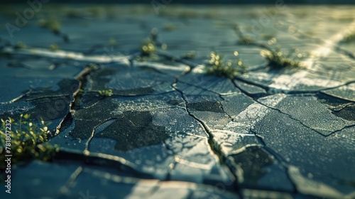 A cracked and faded tennis court surface, with weeds pushing through the lines, reclaiming the once vibrant playing area,