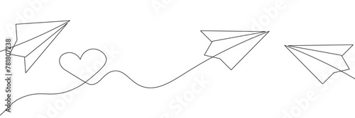 One image of a love sign in a continuous shape with flying paper airplanes. Thin contour and romantic symbols for greeting cards and web banners in simple linear style. vector eps10