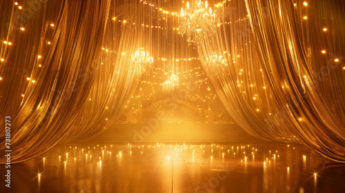 An opulent image capturing golden curtains with a hypnotizing display of radiant lights and shine