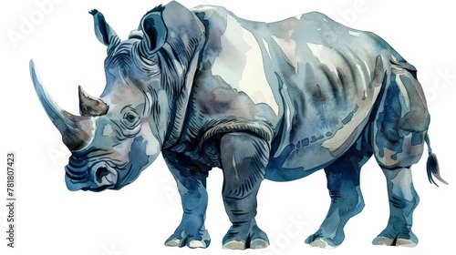  Rhinoceros standing on white background, blue and white stripe on its side © Nadia