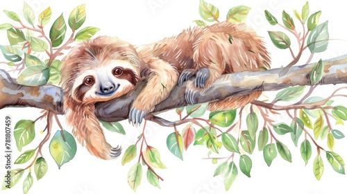  Sloth sleeping on a green branch   against a white backdrop