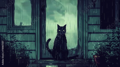   A black cat sits in a house doorway, gazing out through the rain-splattered window at the wet exterior photo