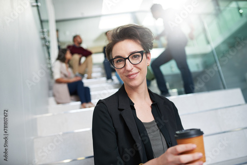 Proud woman, portrait and professional in office with coffee for meeting, seminar and discussion in morning. Businesswoman, glasses and happiness in workplace for international startup company.