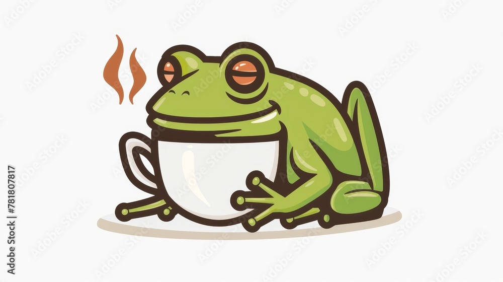 A frog perched atop a coffee cup, holding a beverage in its mouth, emitting steam from its eyes A frog perched atop a coffee cup, holding a beverage in its mouth, emitting steam from its eyes