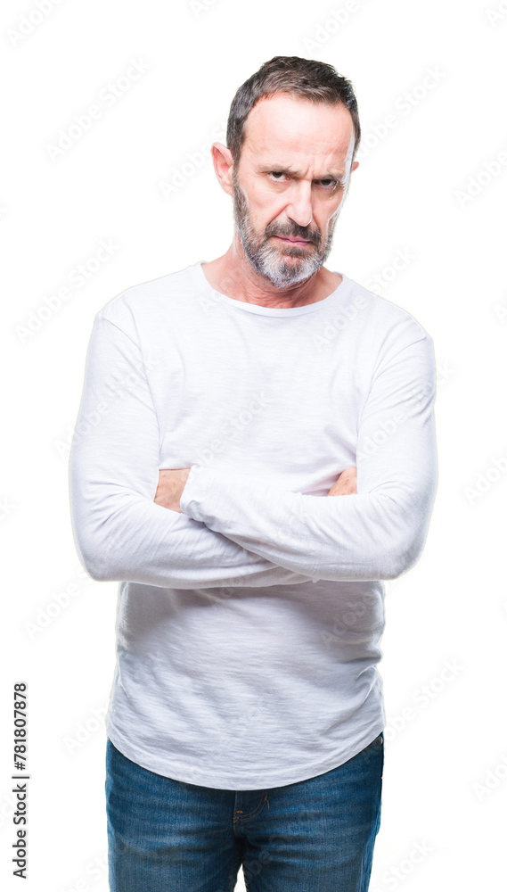 Middle age hoary senior man wearing white t-shirt over isolated background skeptic and nervous, disapproving expression on face with crossed arms. Negative person. Middle age hoary senior man wearing white t-shirt over isolated background skeptic and nervous, disapproving expression on face with crossed arms. Negative person.