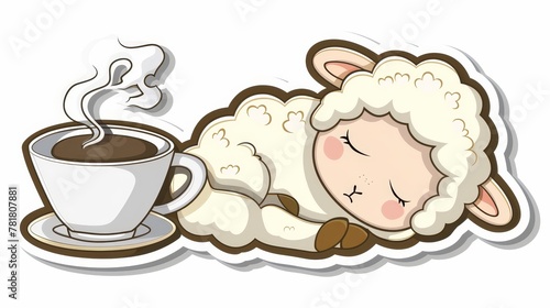   A sticker of a sleeping sheep next to a steaming cup of coffee