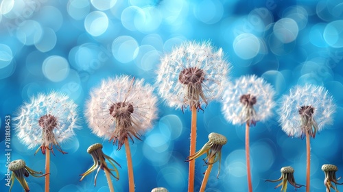   A group of dandelions bobbing in the wind against a blurry  blue backdrop
