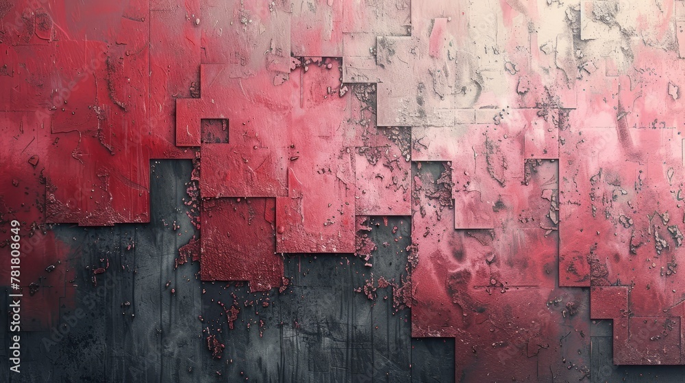   A painting of red and grey squares on a black-and-white background beneath water droplets at its base