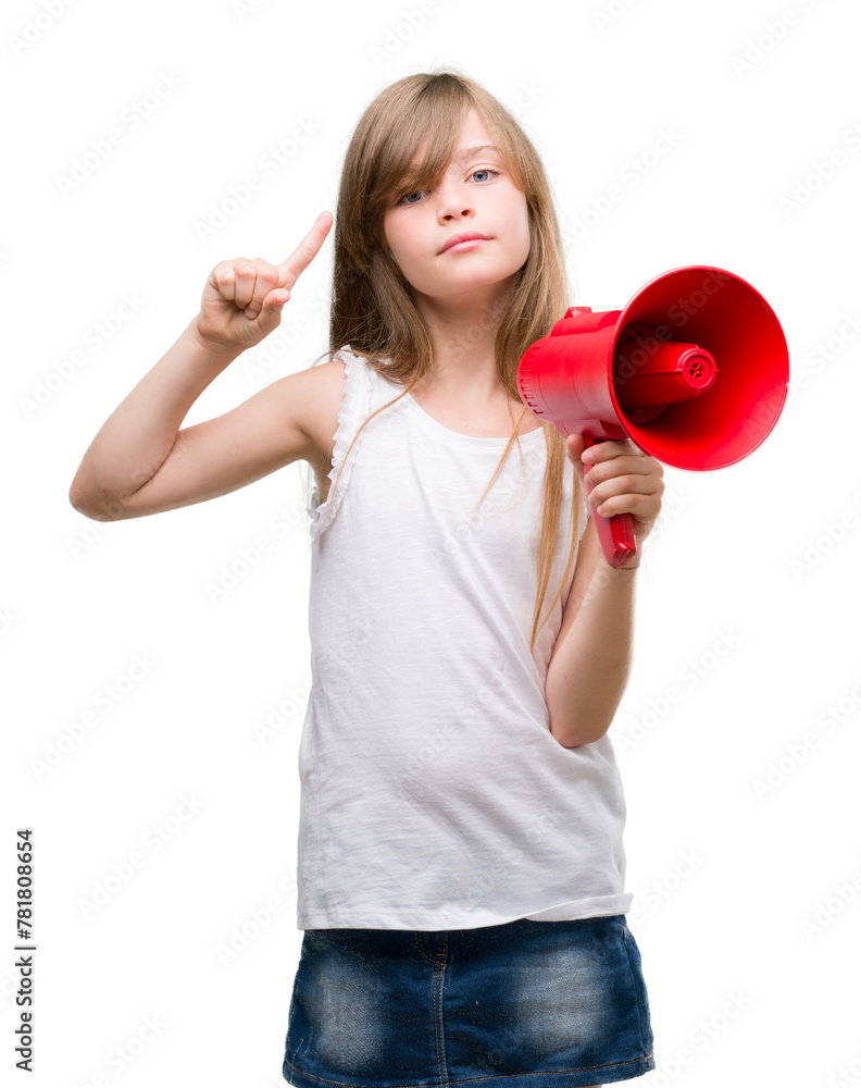 Young blonde toddler holding megaphone surprised with an idea or question pointing finger with happy face, number one Young blonde toddler holding megaphone surprised with an idea or question pointing finger with happy face, number one