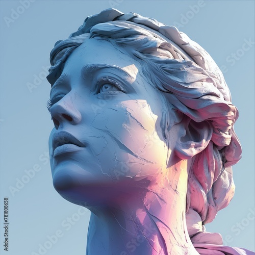 a head sculpture on a purple, blue and pink background, in the style of hellenistic art, post-internet aesthetics, womancore, light cyan and white, appropriation artist, realistic color schemes photo