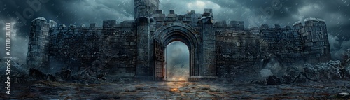 , stone, medieval castle entrance with intricate carvings, stormy weather, realistic image, dramatic silhouette lighting, chromatic aberration