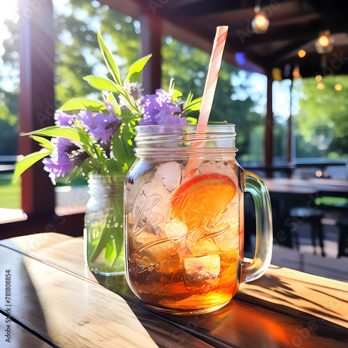 vintage mason jar filled with peach and lavender tea pulpy texture captures summer garden essence photo