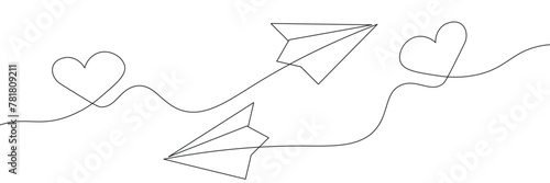 One image of a love sign in a continuous shape with flying paper airplanes. Thin contour and romantic symbols for greeting cards and web banners in simple linear style. vector eps10 photo