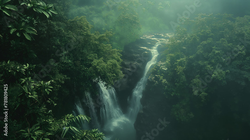 This stunning image captures the lush beauty of twin waterfalls plunging into a vibrant tropical jungle milieu