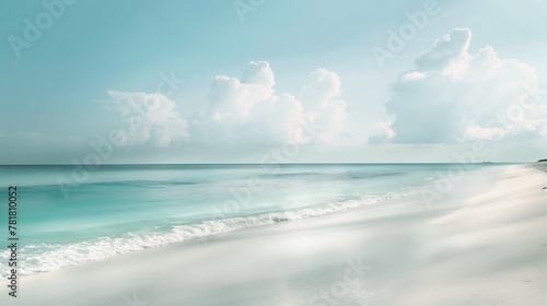 A serene coastal scene with the softest white sands meeting gentle waves under a dreamy sky, a pure relaxation and peacefulness embodiment