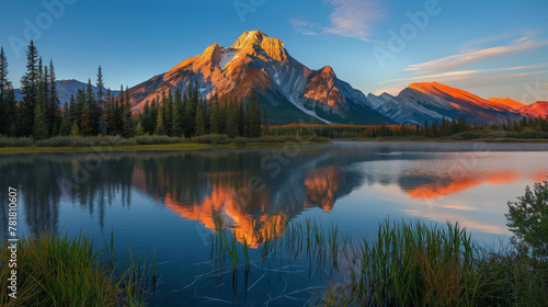 Serene image of a towering mountain peak bathed in golden sunlight, and its mirror-like reflection in the tranquil lake at dawn © Armin