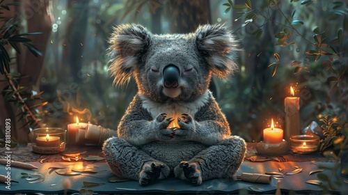  A koala atop a table, surrounded by candles and greenery, with a lit candle behind