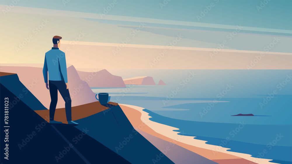 Obraz premium A person stands on the edge of a cliff overlooking a vast and tranquil ocean. They hold a mug of freshly brewed coffee in one hand and take a