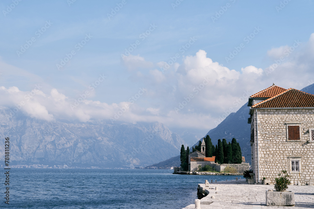 View from the island of Gospa od Skrpjela to the island of St. George. Montenegro - obrazy, fototapety, plakaty 