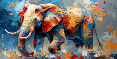   A painting of an elephant against a multicolored background consisting of blue, yellow, red, orange, and white hues, framed in black © Nadia