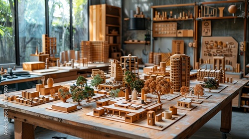  A wooden city model on a table in a room with numerous shelves and a spacious window