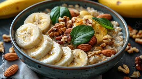  A bowl of oatmeal topped with sliced bananas, nuts, and spinach leaves on a nearby table Two additional bananas present