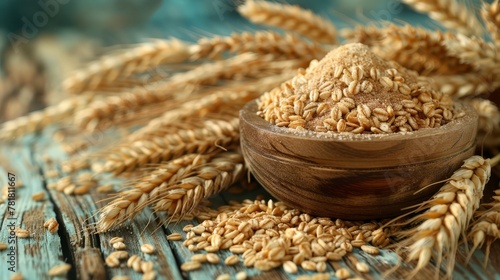  A wooden bowl brimming with wheat rests atop a rustic table Nearby, an amassing pile of wheat ears awaits