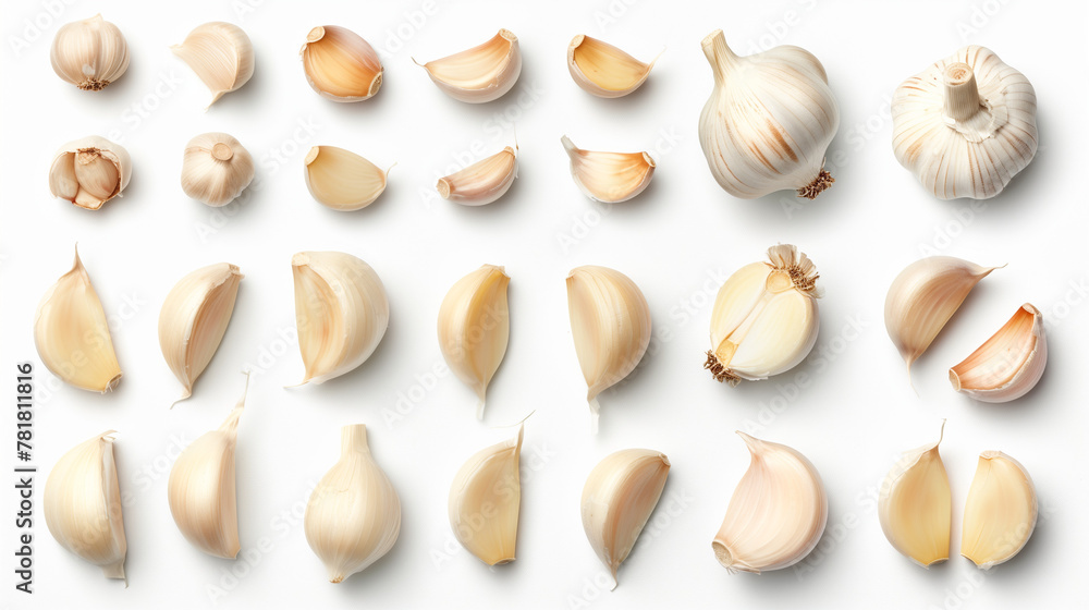 Top view of fresh garlic set isolated on white. A neat arrangement of whole and individual cloves of garlic, each element distinct against the clean backdrop, showcasing the natural textures 