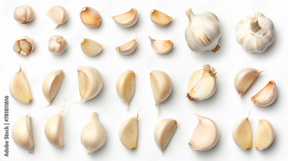 Top view of fresh garlic set isolated on white. A neat arrangement of whole and individual cloves of garlic, each element distinct against the clean backdrop, showcasing the natural textures Top view of fresh garlic set isolated on white. A neat arrangement of whole and individual cloves of garlic, each element distinct against the clean backdrop, showcasing the natural textures