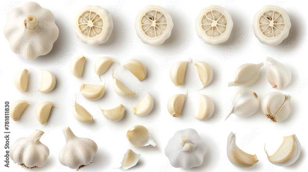 Top view of fresh garlic set isolated on white. A neat arrangement of whole and individual cloves of garlic, each element distinct against the clean backdrop, showcasing the natural textures Top view of fresh garlic set isolated on white. A neat arrangement of whole and individual cloves of garlic, each element distinct against the clean backdrop, showcasing the natural textures