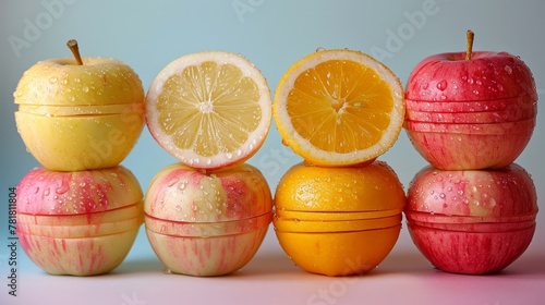   A stack of apples  oranges  and lemons  dripping with water droplets