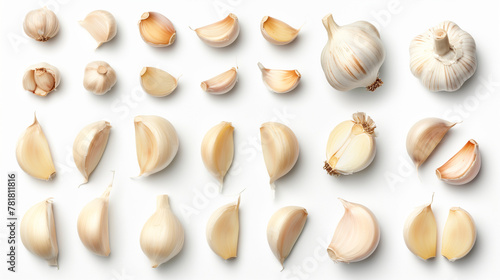 Top view of fresh garlic set isolated on white. A neat arrangement of whole and individual cloves of garlic, each element distinct against the clean backdrop, showcasing the natural textures 