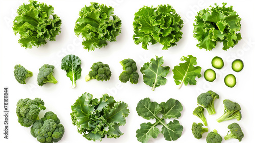 Top view of fresh kale leaves isolated on a white background, showcasing the lush, dark green texture and natural curly edges of this nutritious leafy green. Perfect for health-focused content