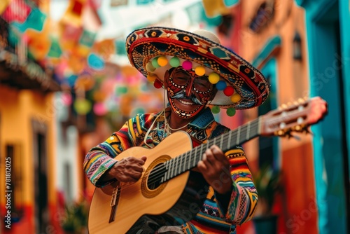 Dynamic shot of a person dancing with maracas, a sombrero on their head, guitar slung over their shoulder, amidst Cinco de Mayo celebrations