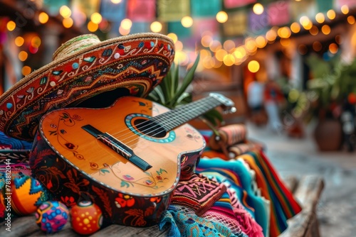 guitar slung over their shoulder, amidst Cinco de Mayo celebrations, lively motion captured, colorful decorations in the background.