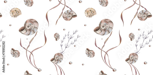 Fototapeta Naklejka Na Ścianę i Meble -  Seamless Pattern. Seashell, Seaweed, Pearl. watercolor illustration. isolated white background. for invitations, summer accessories, postcard, travel list, travel agency, wallpaper, packaging cosmetic