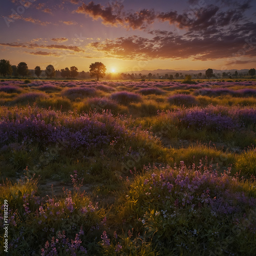 A panoramic view of a lavender field. In the background, the soothing warm glow of the evening sun on the horizon.