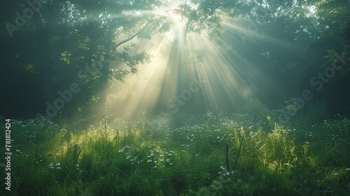   A sunbeam penetrates the forest  illuminating trees as it passes over tall grass and wildflowers on a sunlit day
