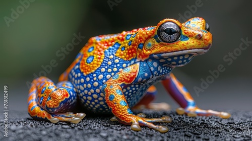   A vibrant frog perches atop a black, stony ground Behind it lies a lush, green background of foliage