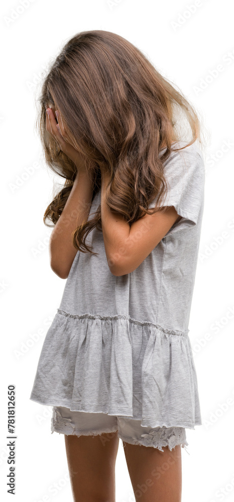 Brunette hispanic girl wearing sunglasses with sad expression covering face with hands while crying. Depression concept. Brunette hispanic girl wearing sunglasses with sad expression covering face with hands while crying. Depression concept.