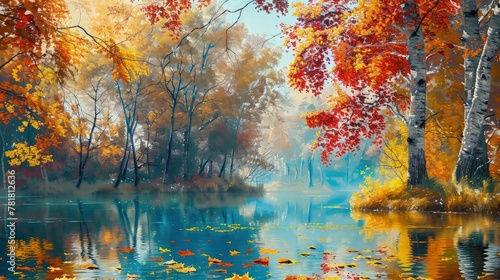 painting of autumn leaves on the water