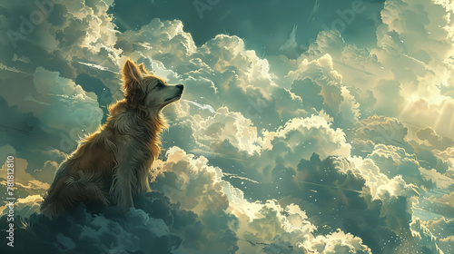 A contemplative dog sits serenely amidst fluffy clouds, gazing into a sunlit, ethereal sky. photo