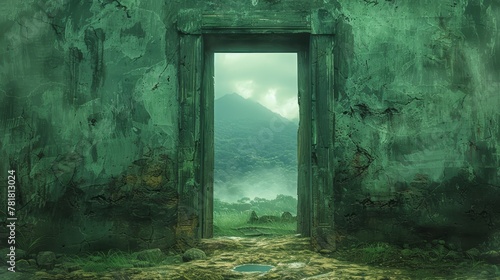   A painting of an open door leading into a green room In the distance  a towering mountain ranges A serene pool of water lies in the foreground
