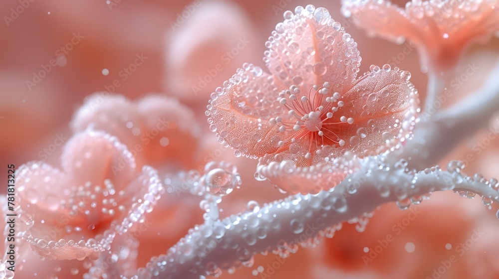 A tight shot of a pink flower, dew-kissed with drops of water, against a backdrop of a branch adorned with additional pink blooms A tight shot of a pink flower, dew-kissed with drops of water, against a backdrop of a branch adorned with additional pink blooms