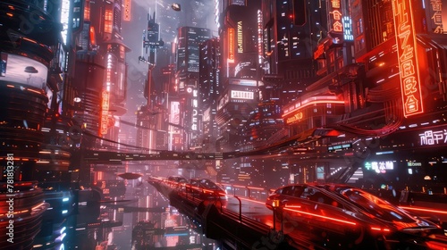 A futuristic cityscape in a video game, showcasing advanced architecture and neon lights,