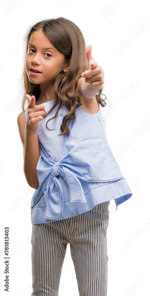 Brunette hispanic girl pointing fingers to camera with happy and funny face. Good energy and vibes. Brunette hispanic girl pointing fingers to camera with happy and funny face. Good energy and vibes.