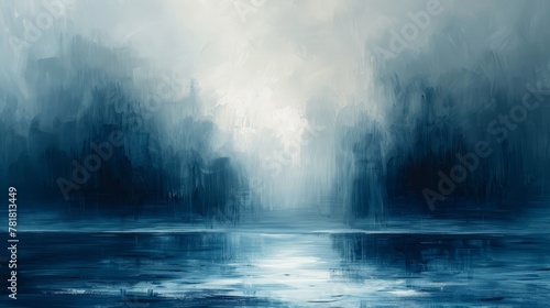  A painting of a body of water in a dark, foggy landscape with shades of blue and white